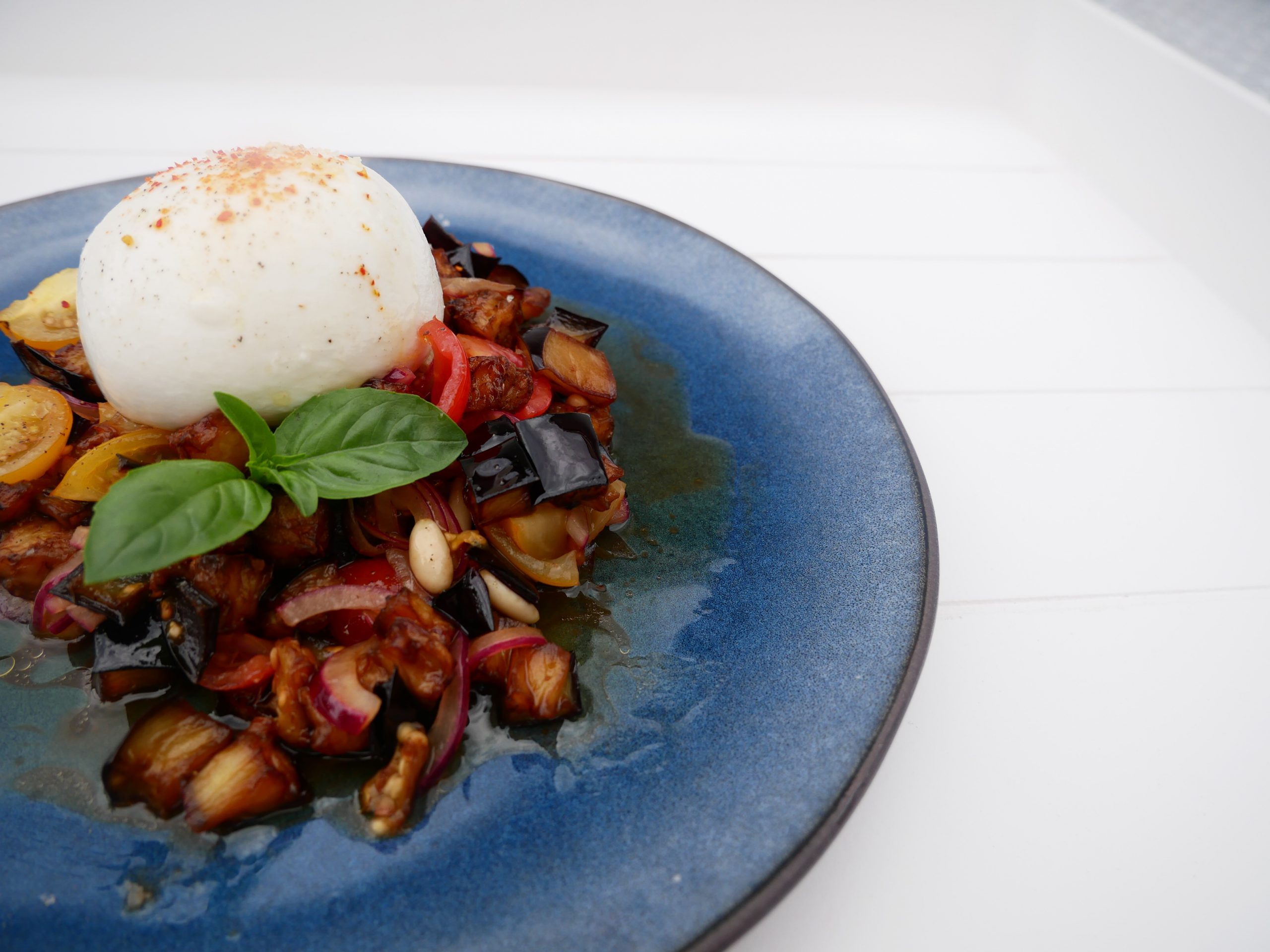 Burrata aubergines Alex Cook'In